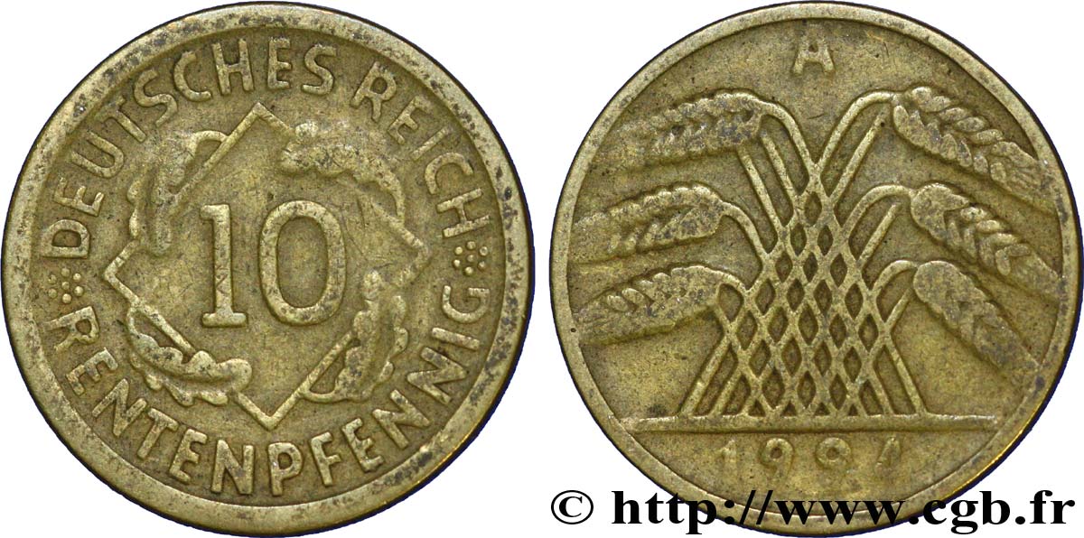 DEUTSCHLAND 10 Rentenpfennig gerbe de blé 1924 Berlin fSS 