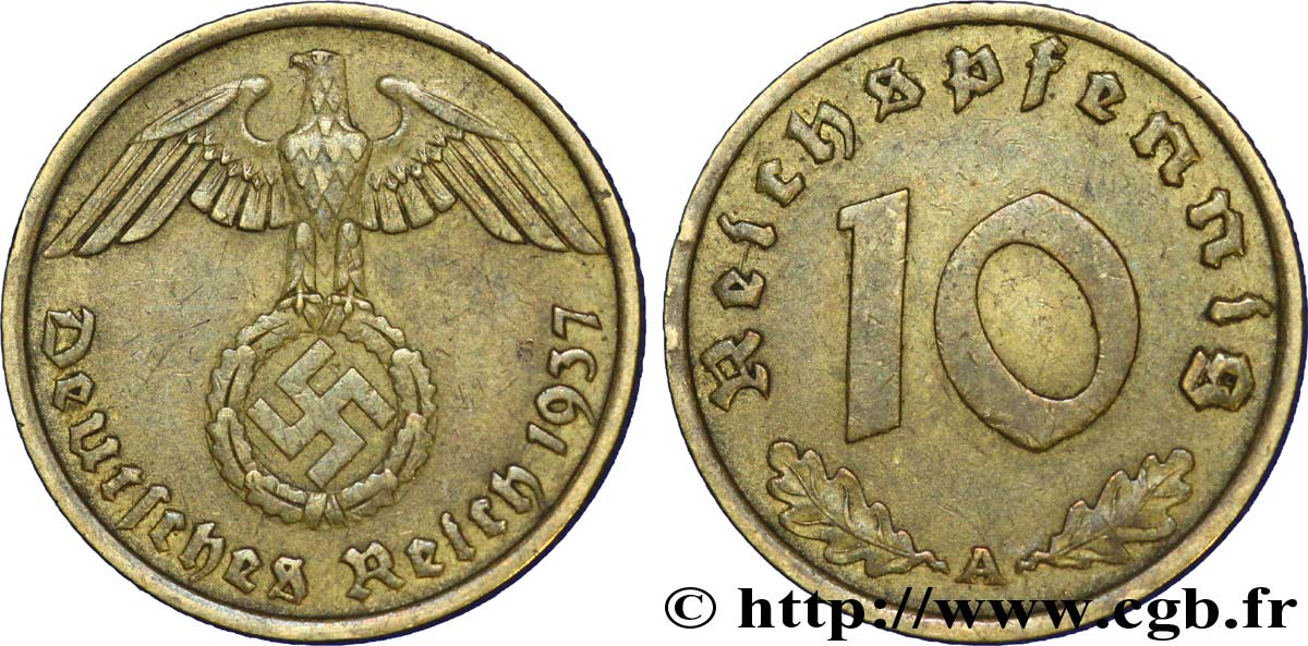 GERMANY 10 Reichspfennig aigle surmontant une swastika 1937 Berlin AU 