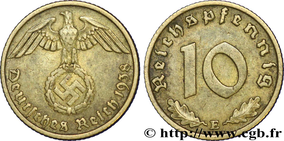 ALEMANIA 10 Reichspfennig aigle surmontant une swastika 1938 Muldenhütten - E MBC+ 