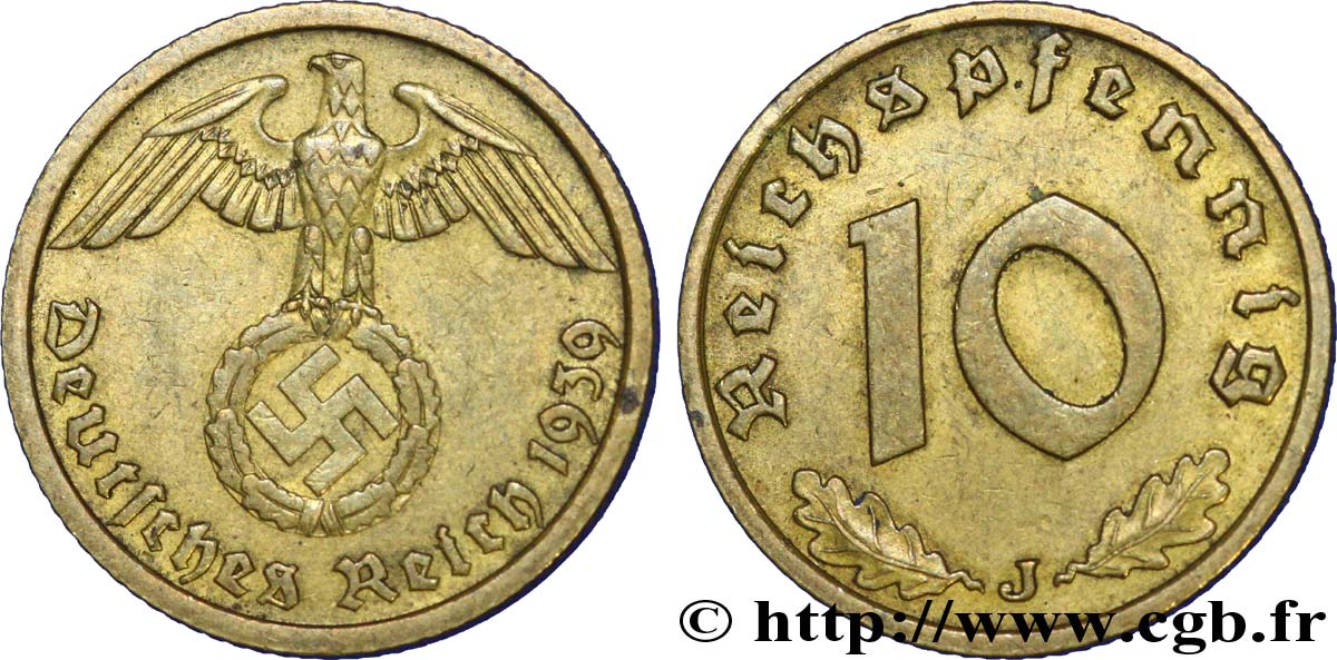 ALEMANIA 10 Reichspfennig aigle surmontant une swastika 1939 Hambourg - J MBC+ 
