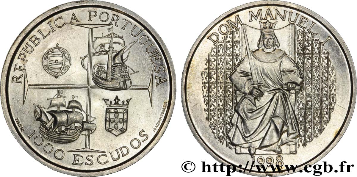 PORTUGAL 1000 Escudos emblème et voiliers / roi Manuel Ier du Portugal 1998  VZ 