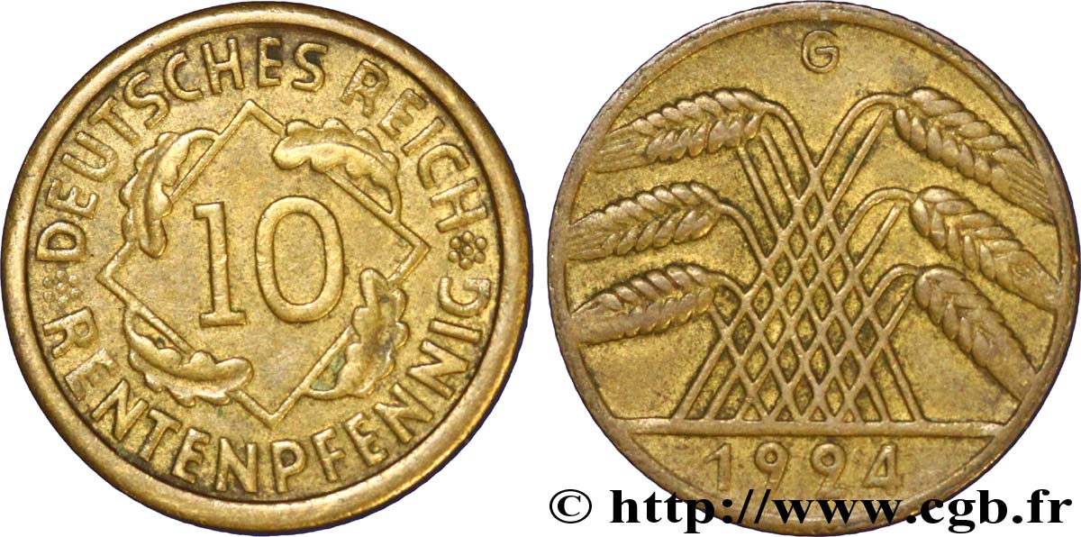 ALEMANIA 10 Rentenpfennig gerbe de blé 1924 Karlsruhe - G MBC 