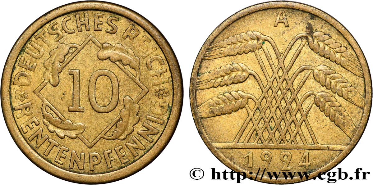GERMANIA 10 Rentenpfennig gerbe de blé 1924 Berlin q.BB 