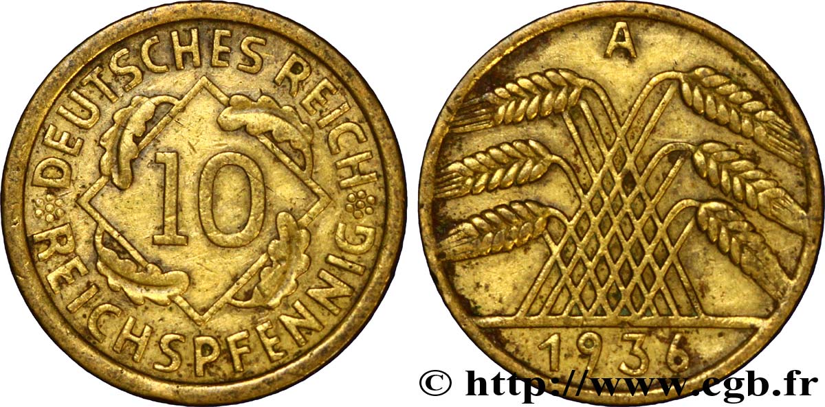 GERMANIA 10 Reichspfennig gerbe de blé 1936 Berlin BB 