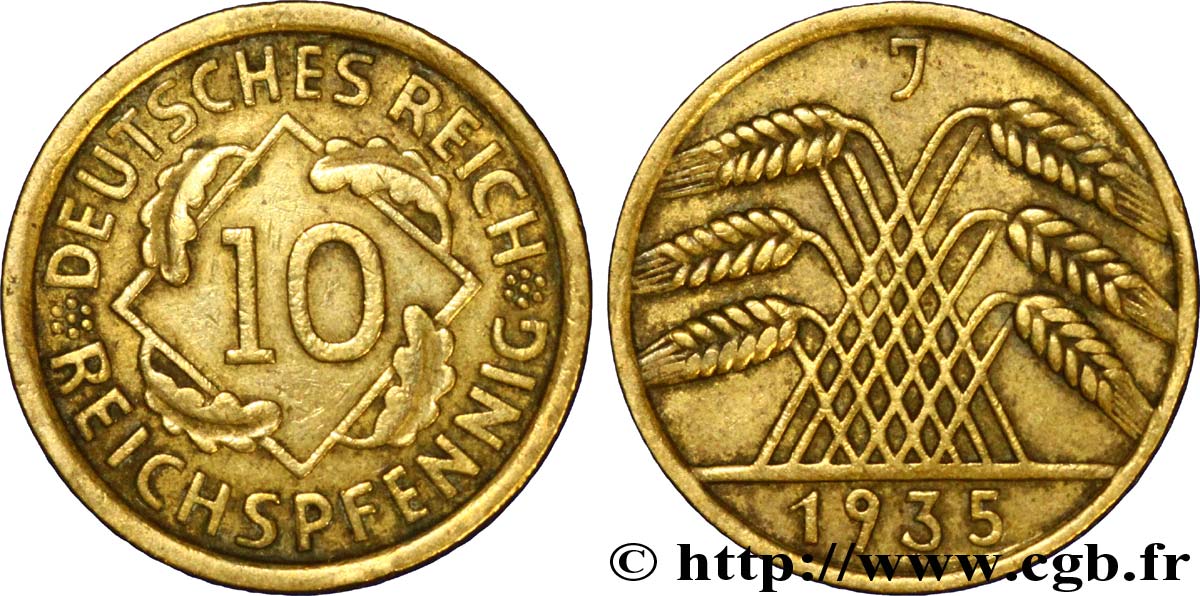 DEUTSCHLAND 10 Reichspfennig gerbe de blé 1935 Hambourg - J fSS 