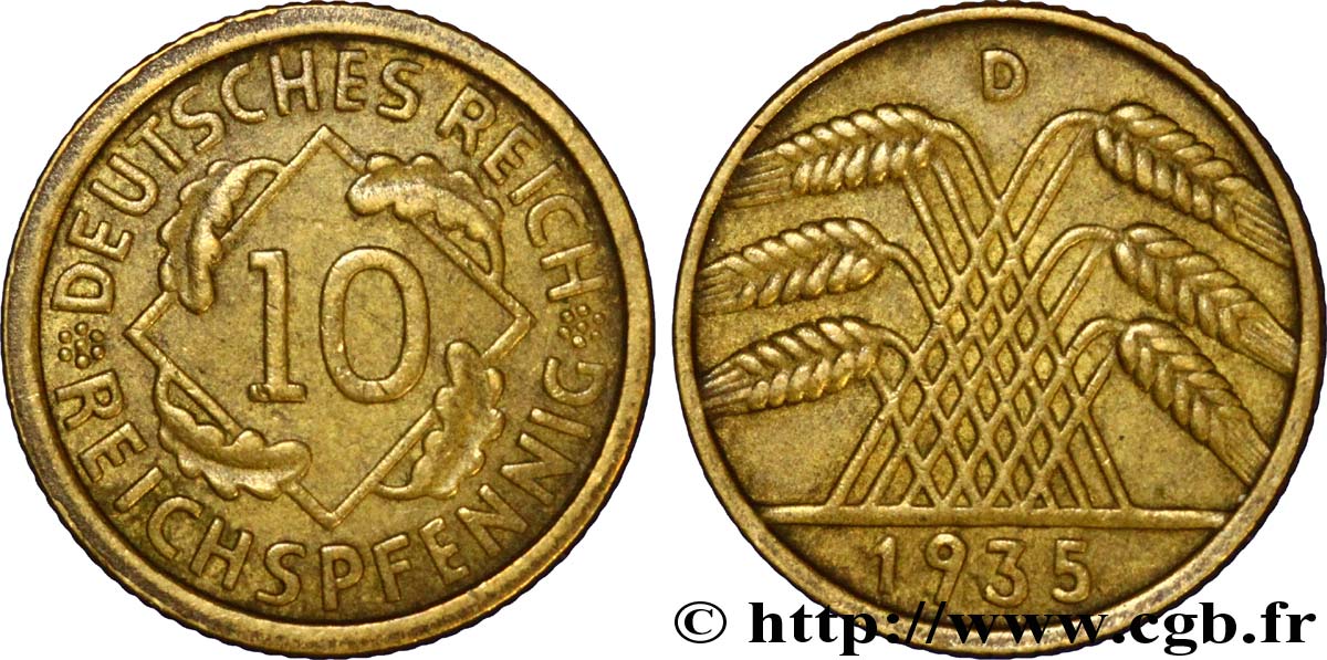 GERMANIA 10 Reichspfennig gerbe de blé 1935 Munich - D q.SPL 