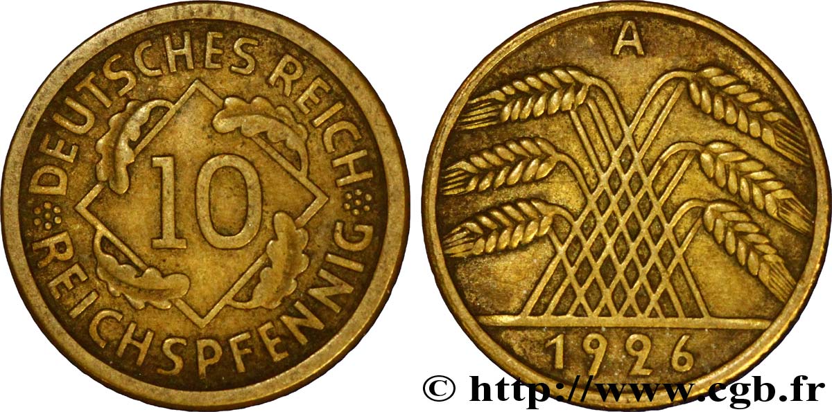 ALLEMAGNE 10 Reichspfennig gerbe de blé 1926 Berlin TTB 