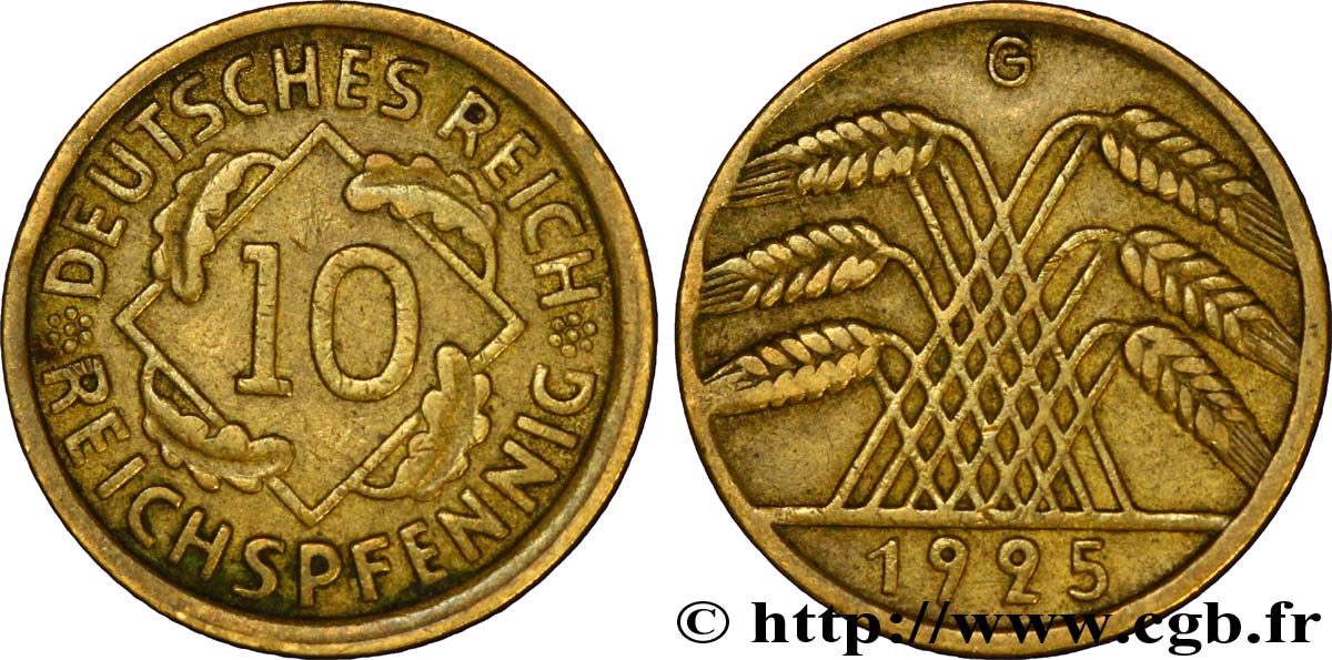 DEUTSCHLAND 10 Reichspfennig gerbe de blé 1925 Karlsruhe - G SS 