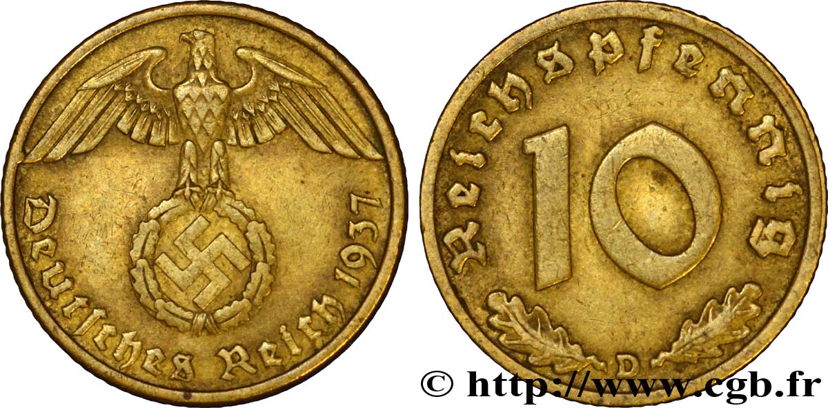 ALEMANIA 10 Reichspfennig aigle surmontant une swastika 1937 Munich - D MBC+ 