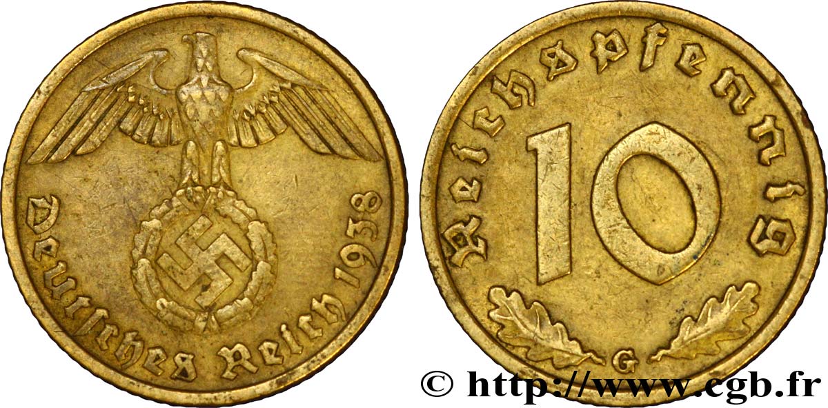 ALEMANIA 10 Reichspfennig aigle surmontant une swastika 1938 Karlsruhe - G MBC+ 