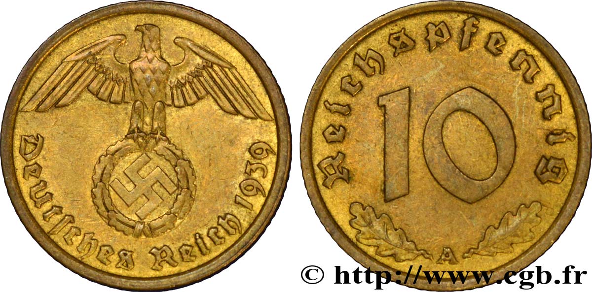 ALEMANIA 10 Reichspfennig aigle surmontant une swastika 1939 Berlin EBC 