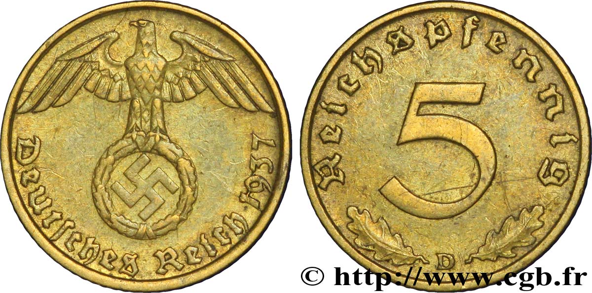ALEMANIA 5 Reichspfennig aigle surmontant une swastika 1937 Munich - D MBC+ 