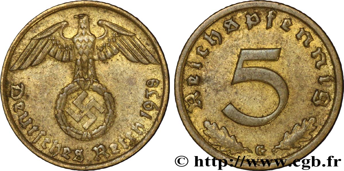 ALLEMAGNE 5 Reichspfennig aigle surmontant une swastika 1938 Karlsruhe - G TTB 