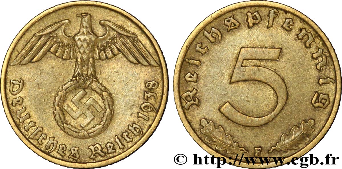 ALEMANIA 5 Reichspfennig aigle surmontant une swastika 1938 Stuttgart - F MBC 