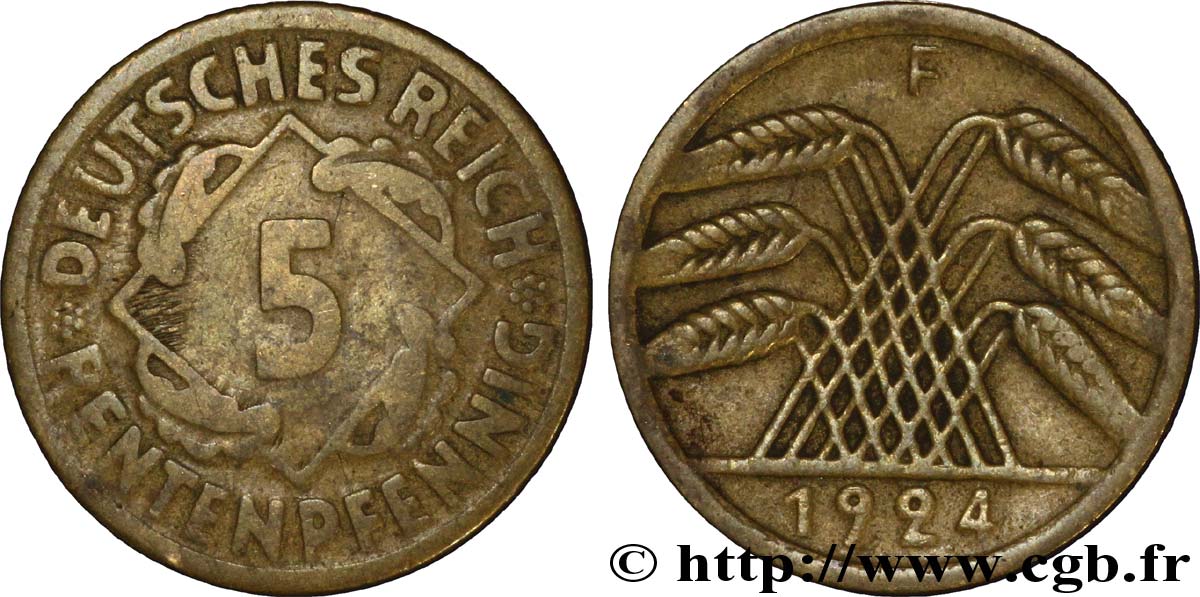 GERMANY 5 Rentenpfennig gerbe de blé 1924 Stuttgart - F VF 