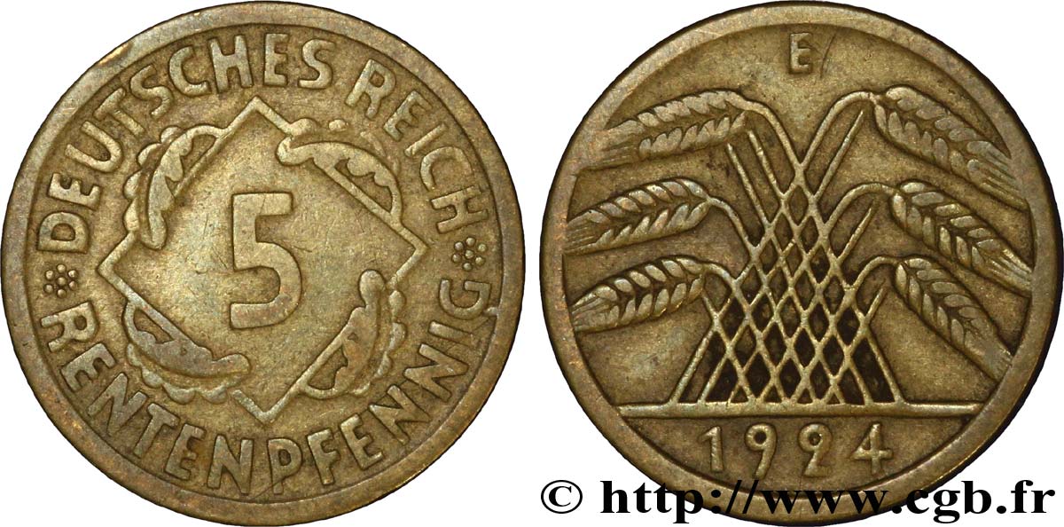 GERMANY 5 Rentenpfennig gerbe de blé 1924 Muldenhütten - E XF 
