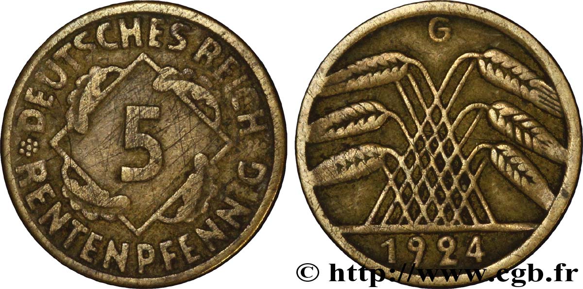 ALEMANIA 5 Rentenpfennig gerbe de blé 1924 Karlsruhe - G BC+ 