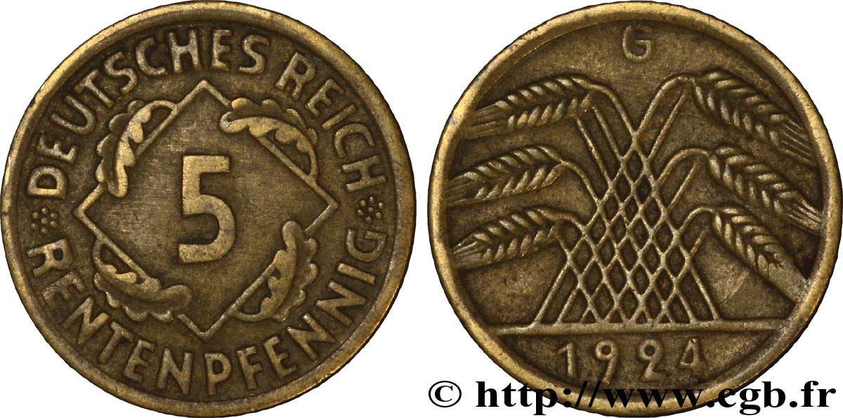 GERMANY 5 Rentenpfennig gerbe de blé 1924 Karlsruhe - G XF 