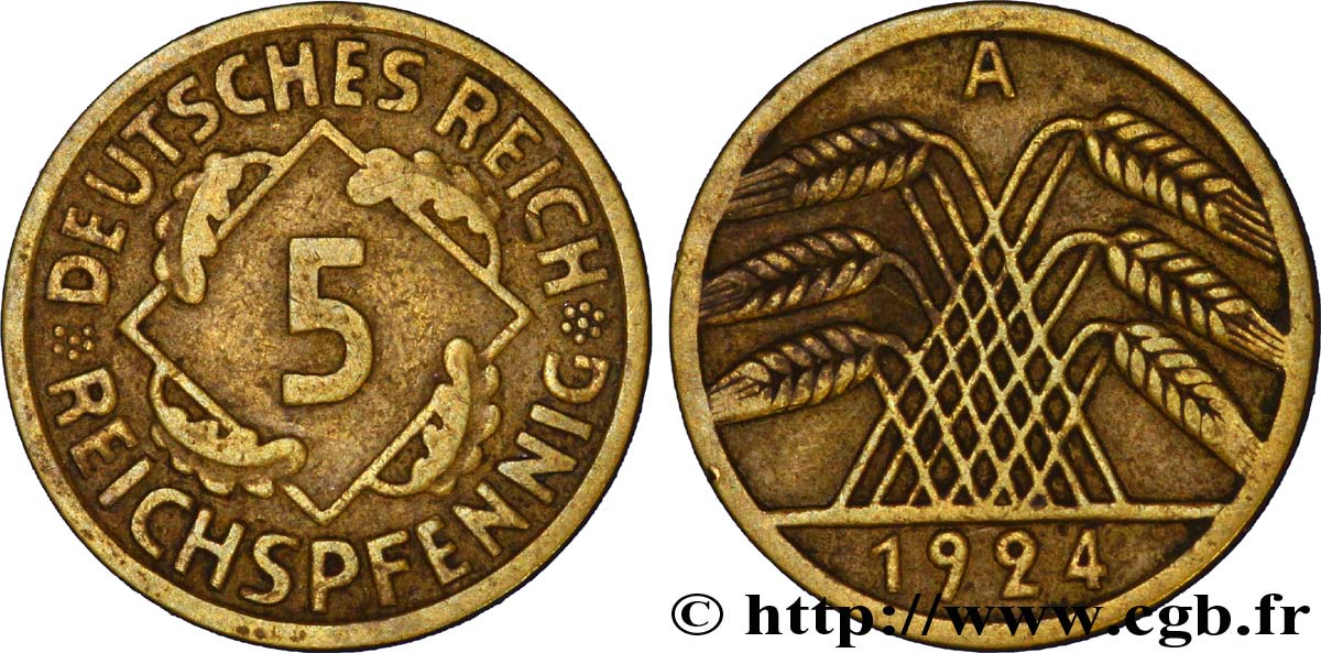 GERMANY 5 Reichspfennig gerbe de blé 1924 Berlin VF 