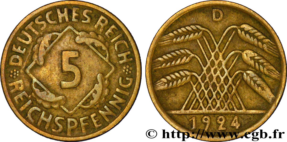 DEUTSCHLAND 5 Reichspfennig gerbe de blé 1924 Munich - D fSS 