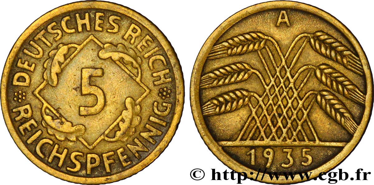 DEUTSCHLAND 5 Reichspfennig gerbe de blé 1935 Berlin SS 
