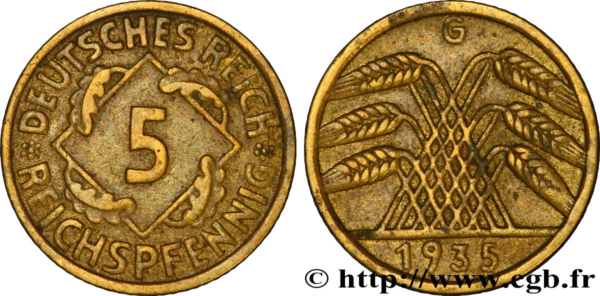 GERMANY 5 Reichspfennig gerbe de blé 1935 Karlsruhe - G XF 