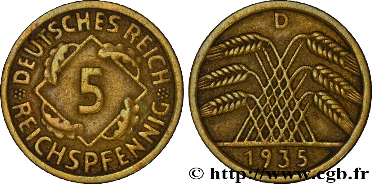 DEUTSCHLAND 5 Reichspfennig gerbe de blé 1935 Munich SS 