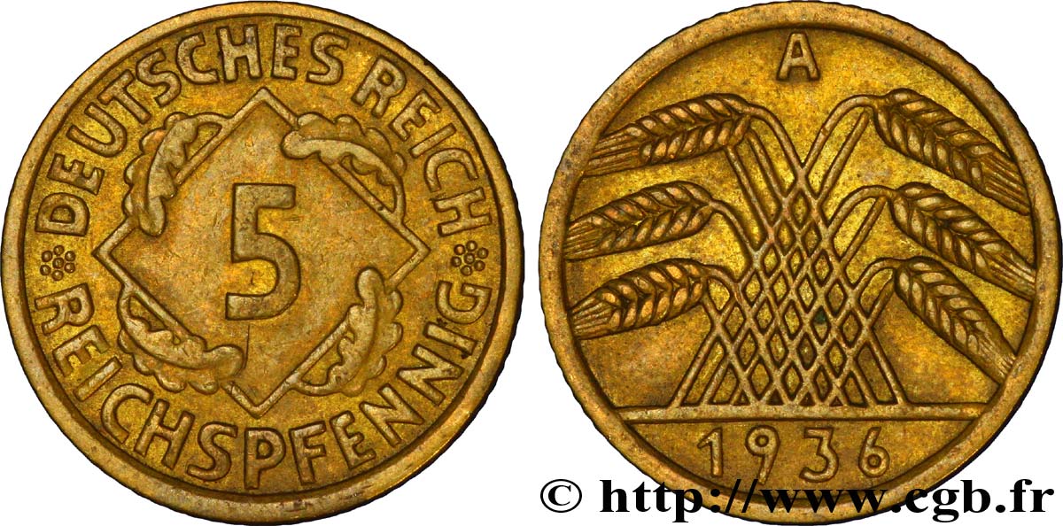 GERMANY 5 Reichspfennig gerbe de blé 1936 Berlin AU 