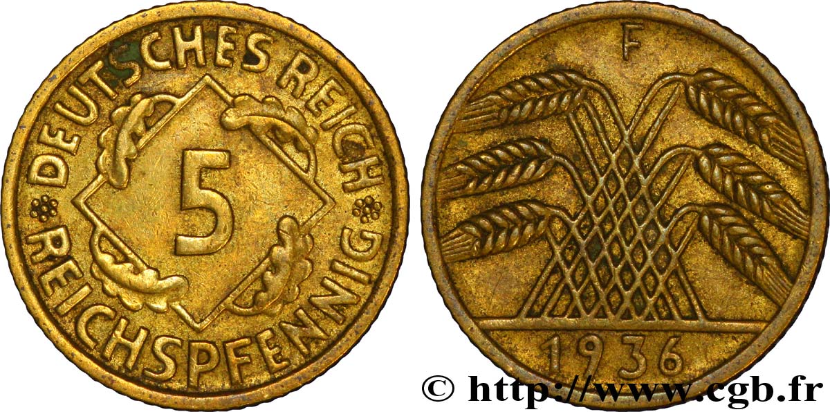GERMANY 5 Reichspfennig gerbe de blé 1936 Stuttgart - F XF 