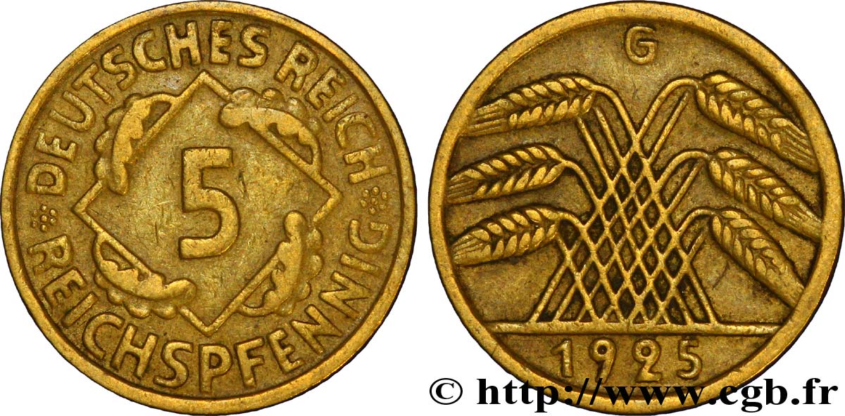 GERMANY 5 Reichspfennig gerbe de blé 1925 Karlsruhe - G VF 