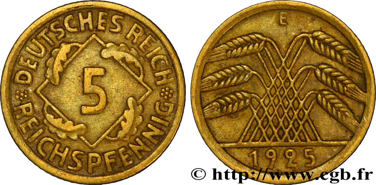 GERMANIA 5 Reichspfennig gerbe de blé 1925 Muldenhütten - E q.BB 
