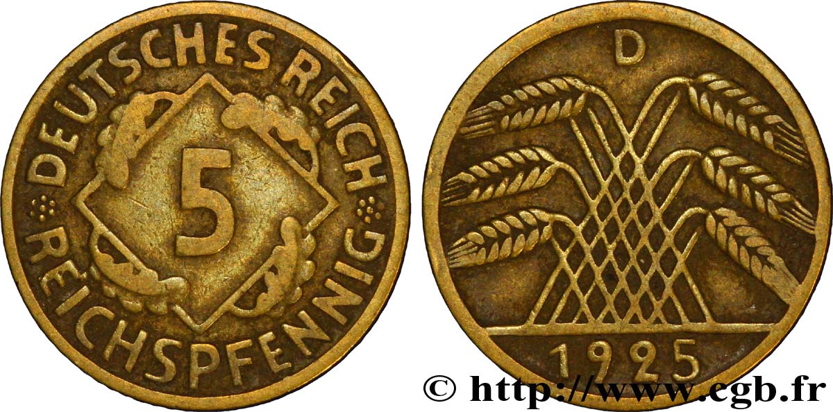 DEUTSCHLAND 5 Reichspfennig gerbe de blé 1925 Munich - D fSS 