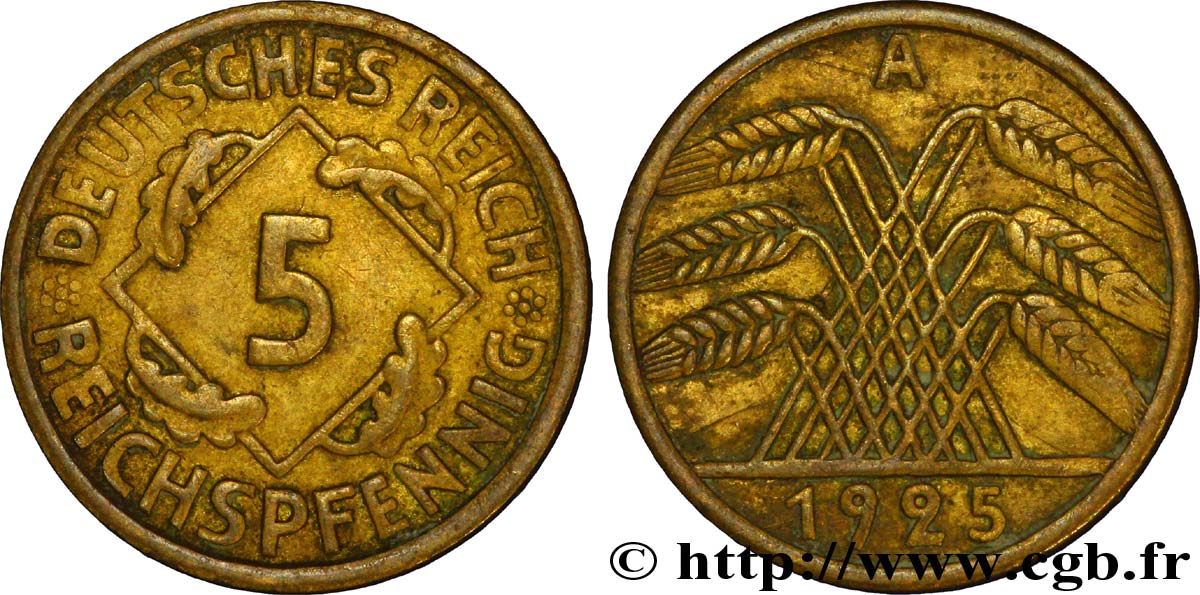 ALEMANIA 5 Reichspfennig gerbe de blé 1925 Berlin BC+ 