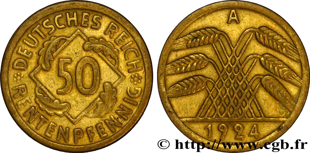 GERMANY 50 Rentenpfennig gerbe de blé 1924 Berlin XF 
