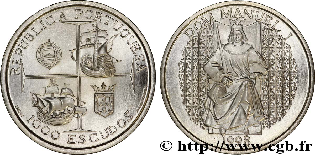 PORTOGALLO 1000 Escudos emblème et voiliers / roi Manuel Ier du Portugal 1998  MS 