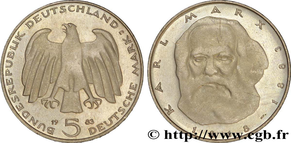 DEUTSCHLAND 5 Mark aigle héraldique / Karl Marx 1983 Hambourg - J fST 