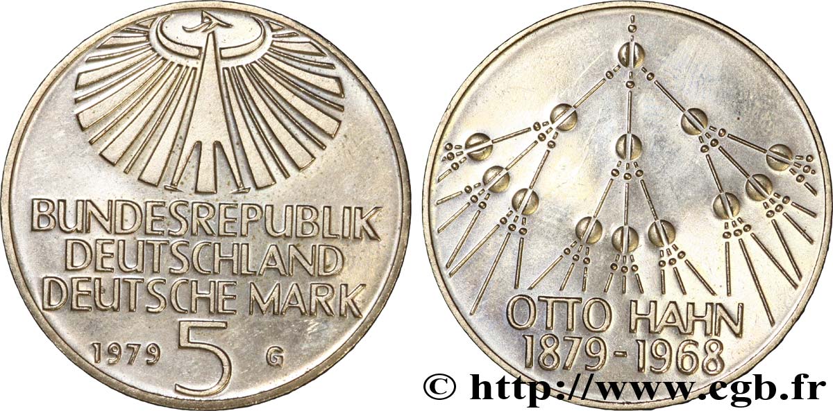ALEMANIA 5 Mark aigle héraldique / hommage au chimiste Otto Hahn, fragmentation nucléaire 1979 Karlsruhe - G EBC 