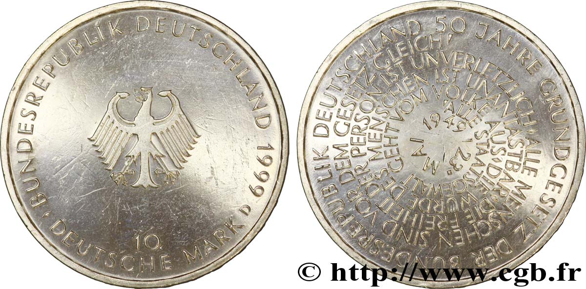 GERMANY 10 Mark aigle héraldique / 50e anniversaire de la fondation de la République Fédérale d’Allemagne 1999 Munich - D AU 