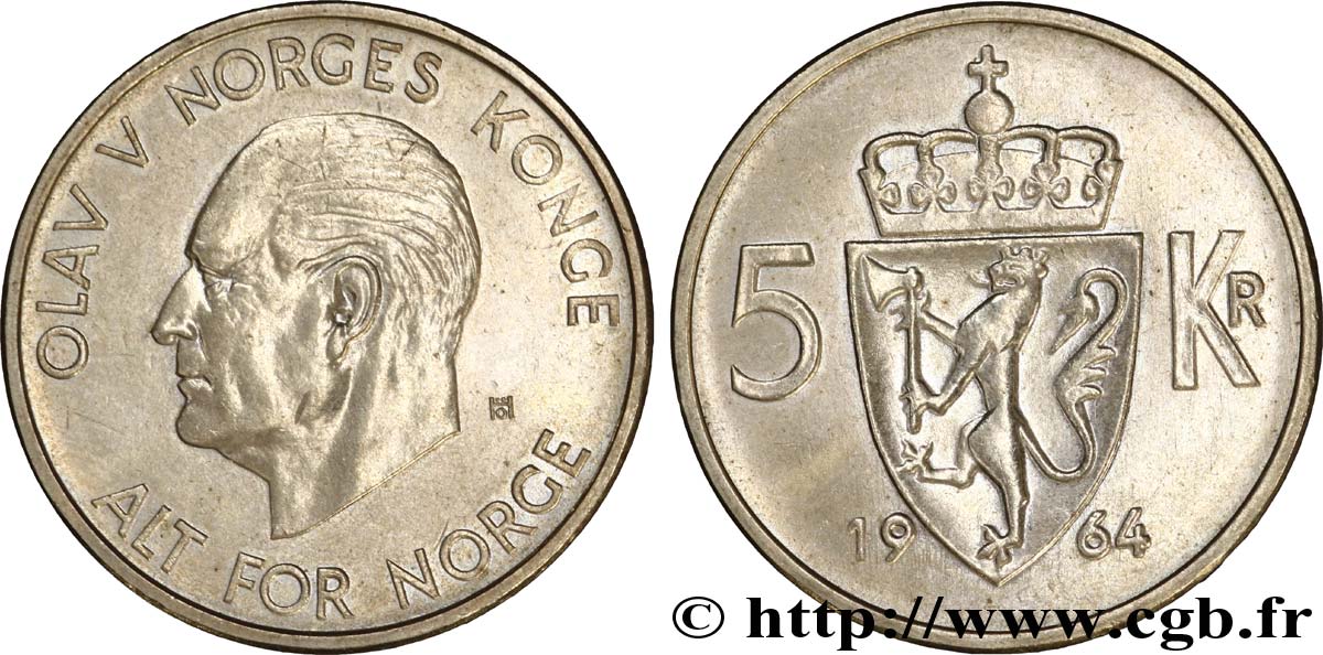 NORVEGIA 5 Kroner roi Olaf V 1964 Konsberg SPL 