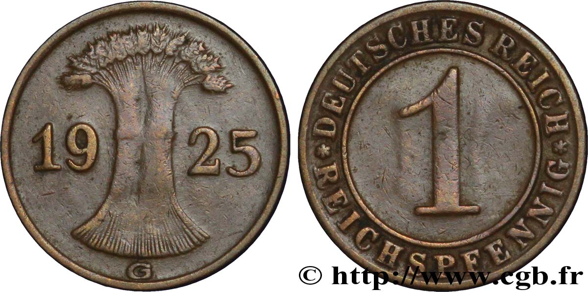 DEUTSCHLAND 1 Reichspfennig gerbe de blé 1925 Karlsruhe - G SS 