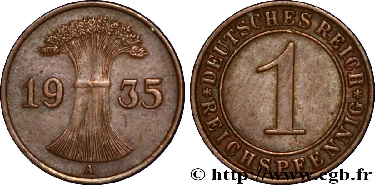 DEUTSCHLAND 1 Reichspfennig gerbe de blé 1935 Berlin VZ 