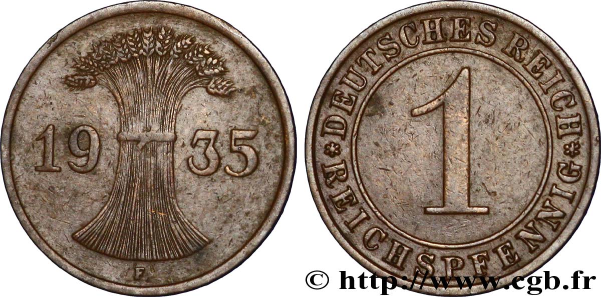DEUTSCHLAND 1 Reichspfennig gerbe de blé 1935 Stuttgart - F VZ 