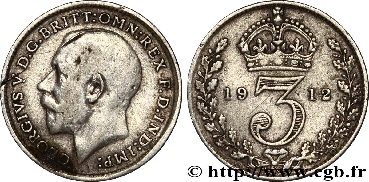 UNITED KINGDOM 3 Pence Georges V / couronne 1912  XF 