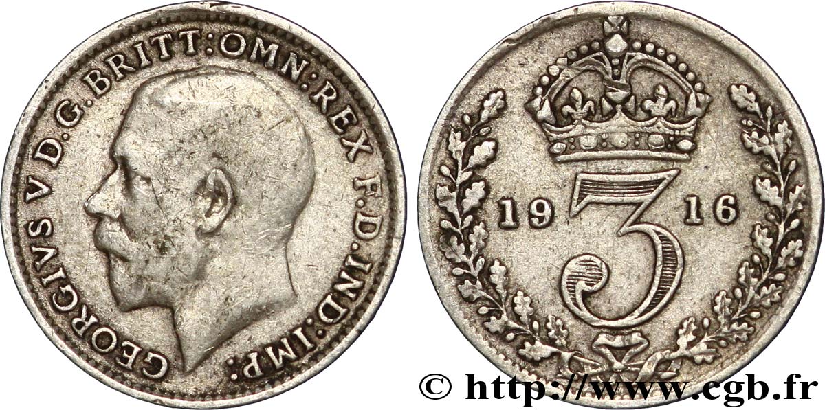 ROYAUME-UNI 3 Pence Georges V / couronne 1916  TB+ 