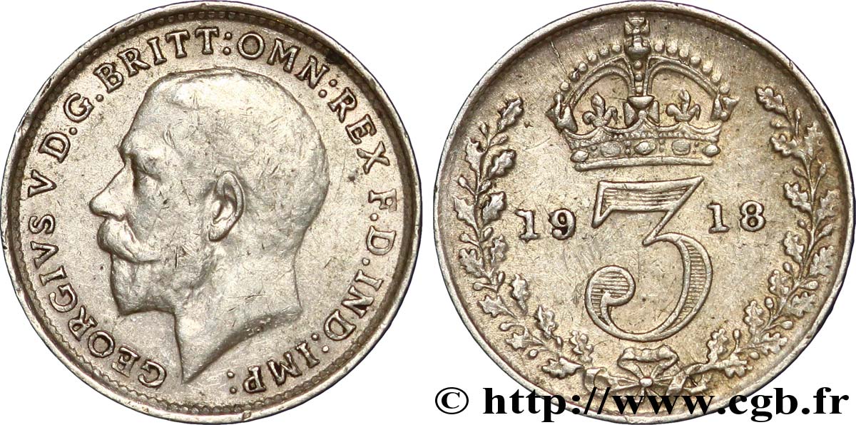 REINO UNIDO 3 Pence Georges V / couronne 1918  MBC+ 