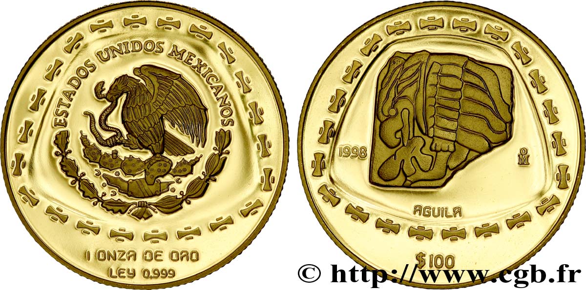 MESSICO 100 Pesos or proof civilisations précolombiennes - série Toltèque : aigle / aigle 1998 Mexico FDC 