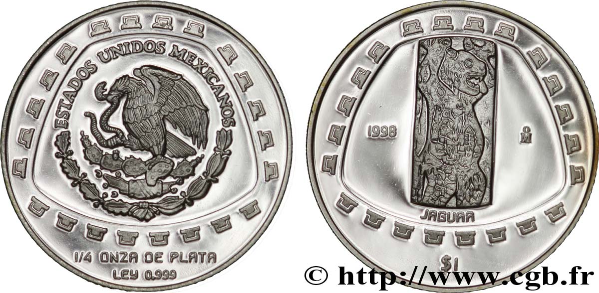 MEXIQUE 1 Peso proof civilisations précolombiennes - série Toltèque : aigle / jaguar gravé 1998 Mexico FDC 