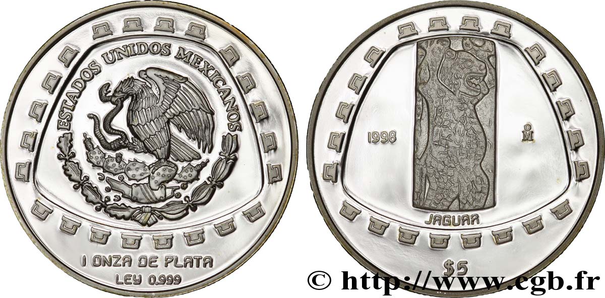 MÉXICO 5 Pesos proof civilisations précolombiennes - série Toltèque : aigle / jaguar gravé 1998 Mexico FDC 