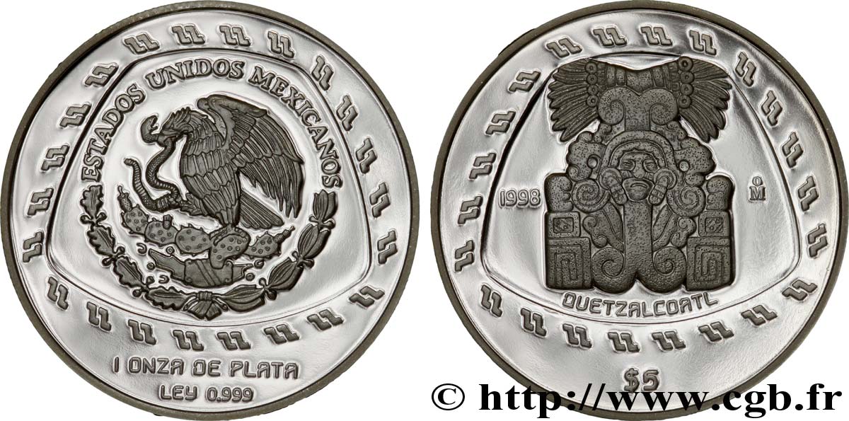 MÉXICO 5 Pesos proof civilisations précolombiennes - série Toltèque : aigle / Quetzalcoatl 1998 Mexico FDC 