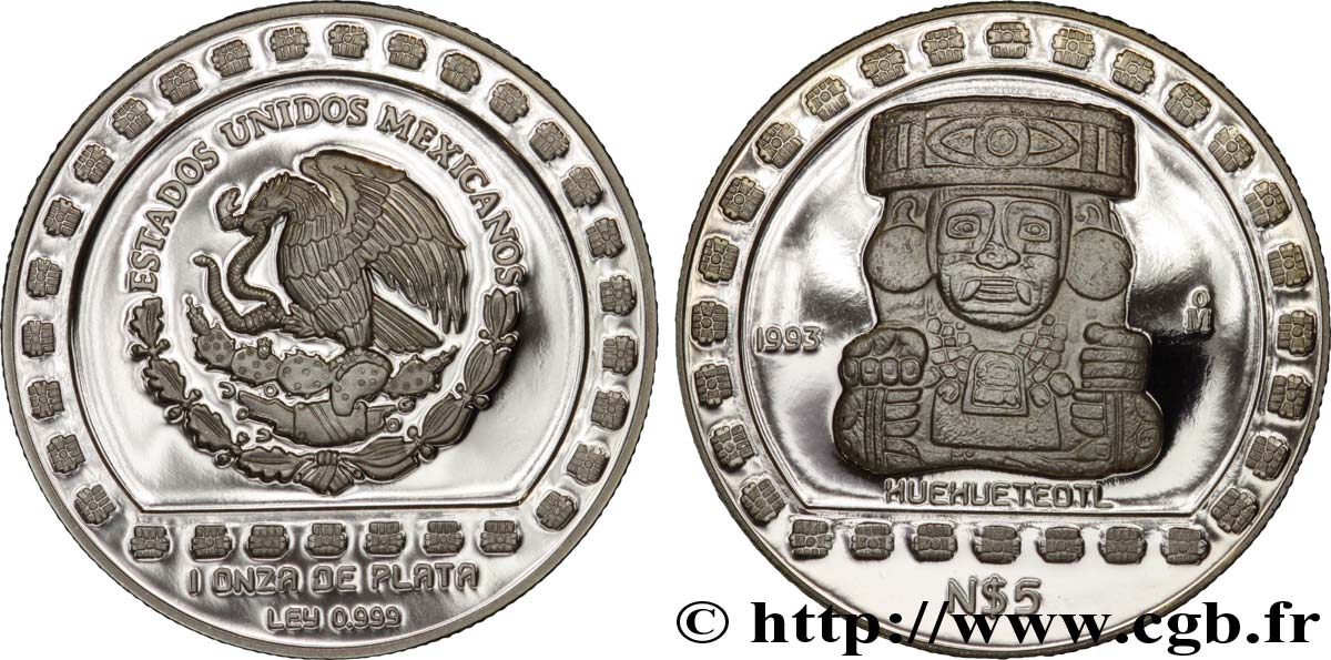 MEXICO 5 Nuevos Pesos proof civilisations précolombiennes - série Aztèque : aigle / le dieu du feu Huehueteotl
 1993 Mexico MS 